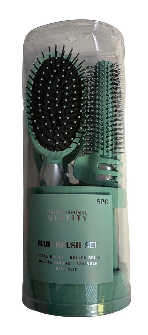 5 Pc Hair Brush Set Paddle Roller Brush Mirror Clip Cylinder Mint Green New